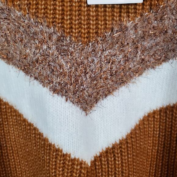 Nine West Women's Brown White Cable Knit Sweater Size L Chevron Colorblock NWT - Picture 6 of 14